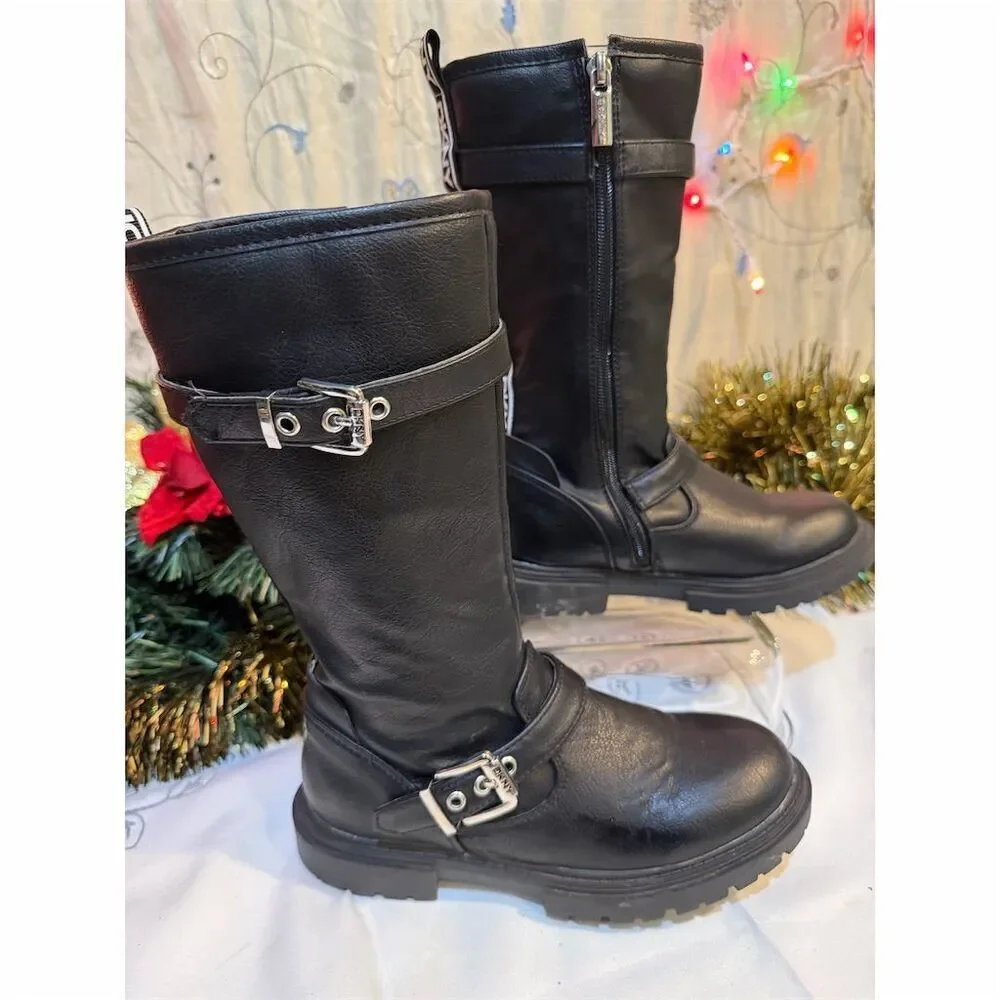 DKNY Girls' Black Moto Boots with Buckle Details and Side Zip